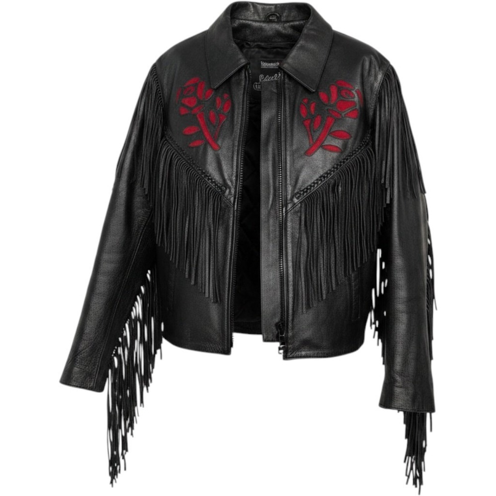 VTG 90s Leather Gallery Black Leather Fringe Moto Jacket Women L Rose Western